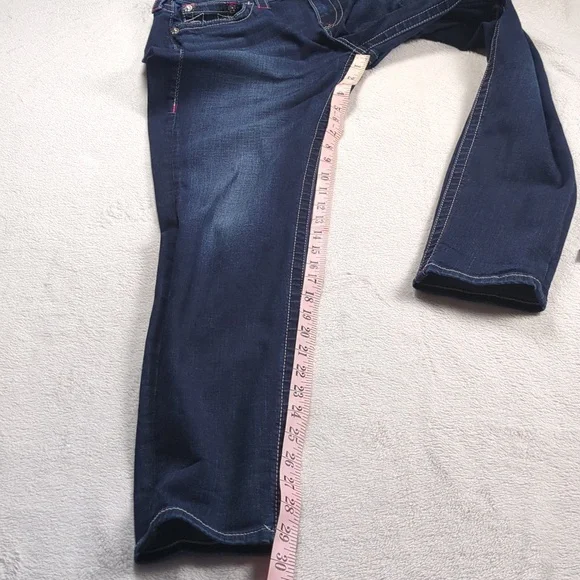 True Religion Crystal Horseshoe Skinny Jeans Dark Wash Pink Stitch 31 - Picture 9 of 10